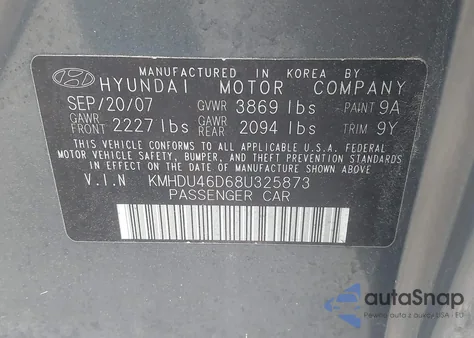 2008 Hyundai Elantra Gls/Se from USA, damaged, VIN KMHDU46D68U325873